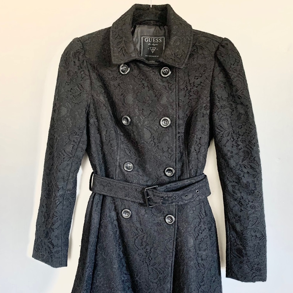 Women's Black Double Breasted Floral Lace Coat, S